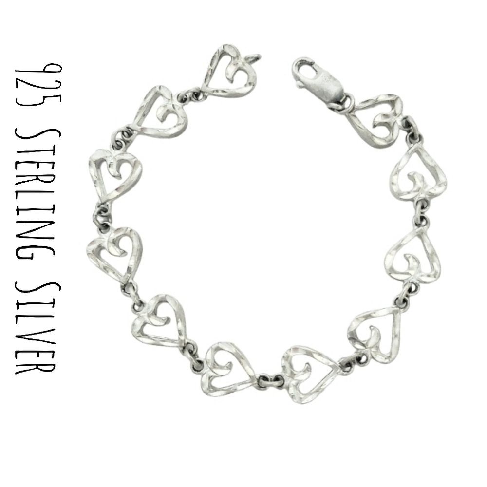 Heart Linked Diamond etched Design 925 Sterling Silver Link  Bracelet
